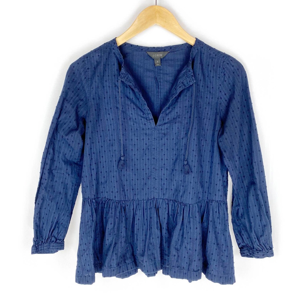 J. Crew Peplum Shirt Navy Blue Textured Cotton Popover Blouse Top 2